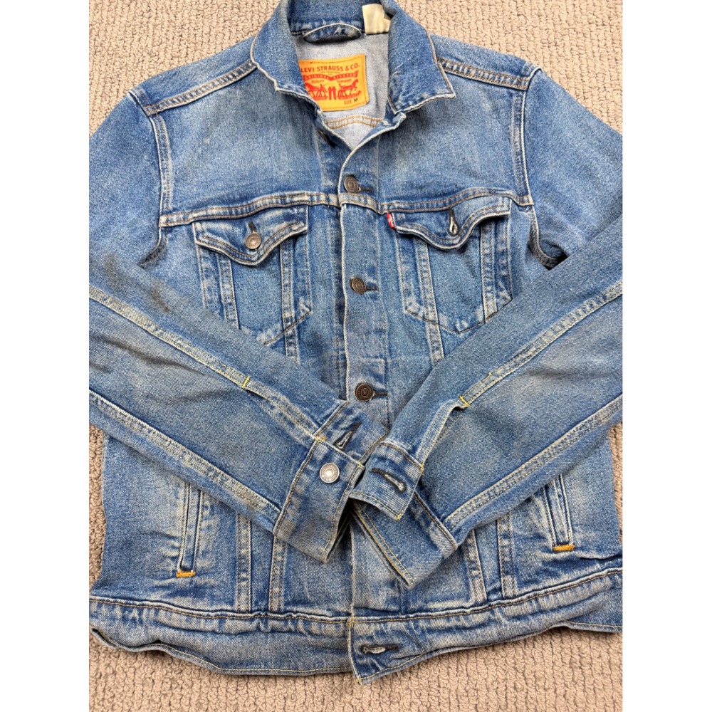 Levis Distressed Denim Trucker Jacket Medium Wash Blue Mens Size M